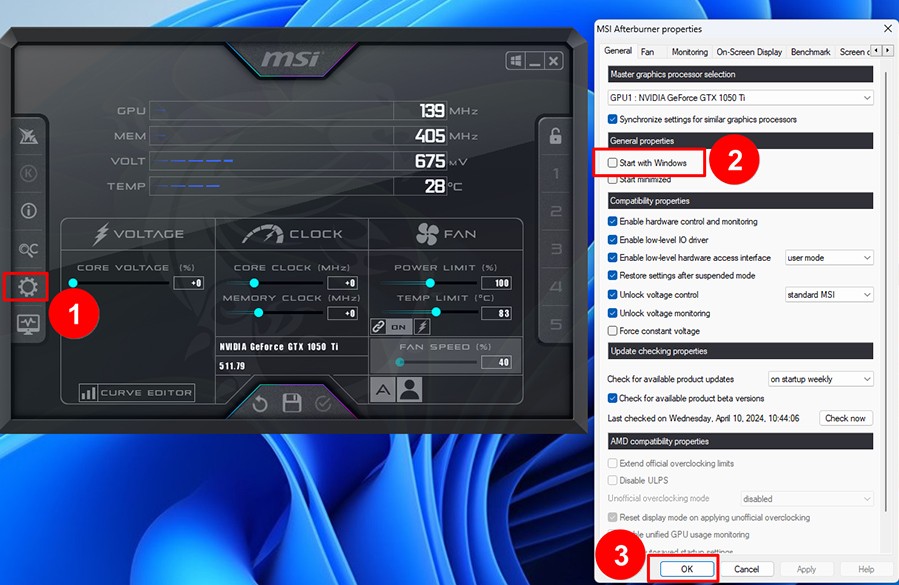 Discrete GPU monitoring view in MSI Afterburner with controls available after a successful detection