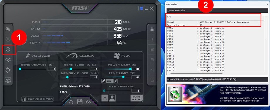 Tutorial screenshot: opening the Information panel in MSI Afterburner